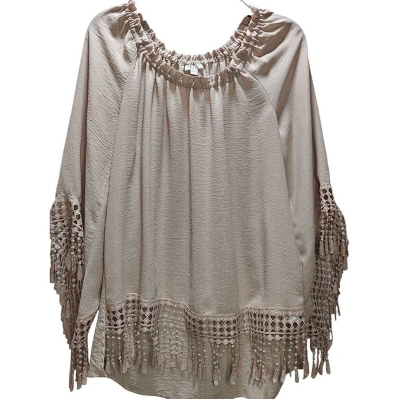 🌸 Spense Boho Peasant Blouse M Pink Beige Crochet Tassel Trim Flowy Top - Picture 1 of 15